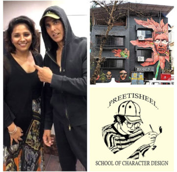 Preetisheel Singh with Akshay Kumar, Mural of Preetisheel’s new office in Versova, school logo. (1)