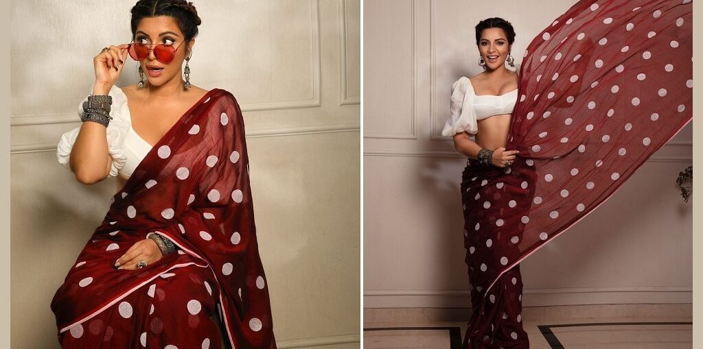 Shama Sikander in a red polka-dot saree