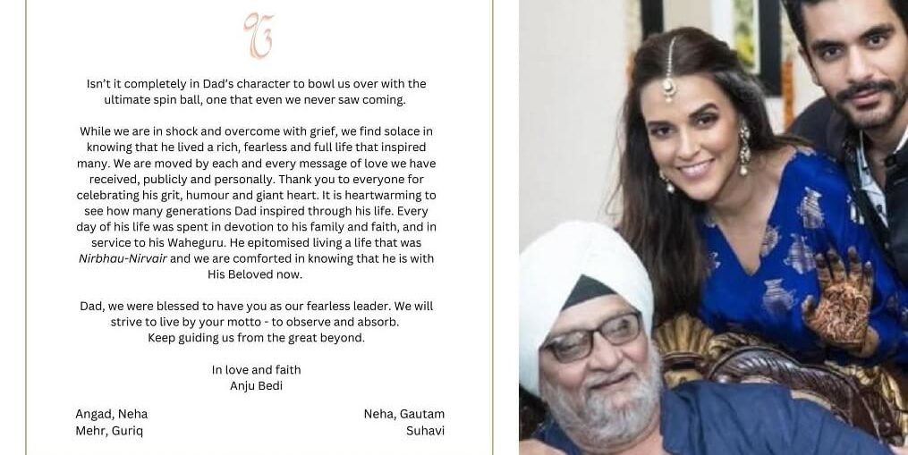 A heartfelt official note by Angad and Neha for Late father BS Bedi