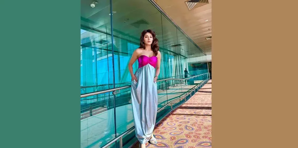 Urvashi Rautela in a strapless pink & silver velvet outfit costing more than 5 lakhs