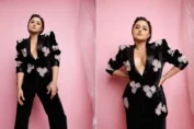 Rashami Desai in a velvet blazer set with 3D flower embellishments