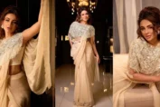 Seerat Kapoor wearing An Ethnic Embellished Cape with a Crop Top and Draped Saree