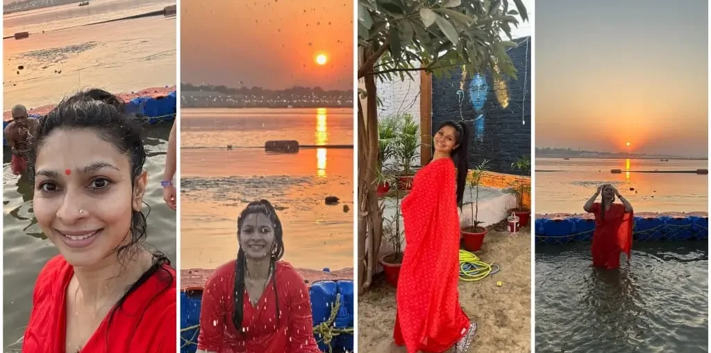 Actress Tanishaa Mukerji take holy dip in Triveni Sangam during Mahakumbh gathering